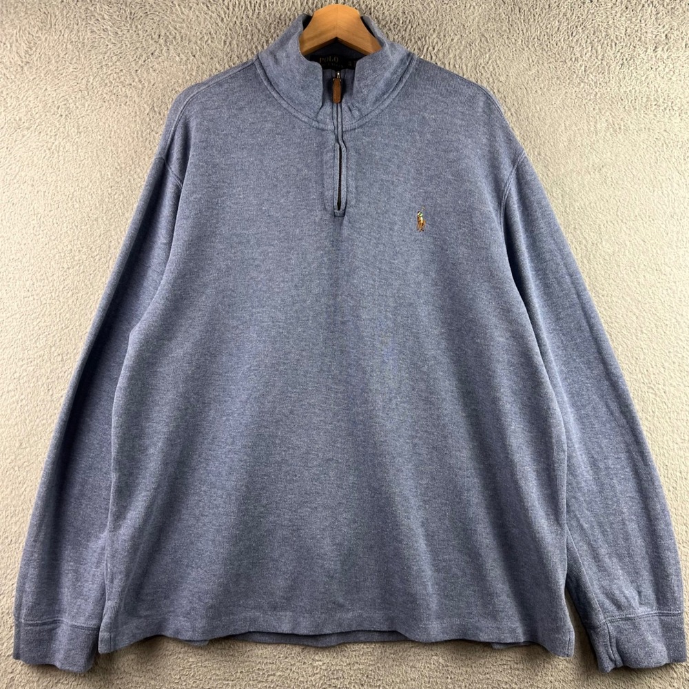 Polo Ralph Lauren Mens XL Estate Rib Quarter Zip Pullover Blue Heathered Sweater